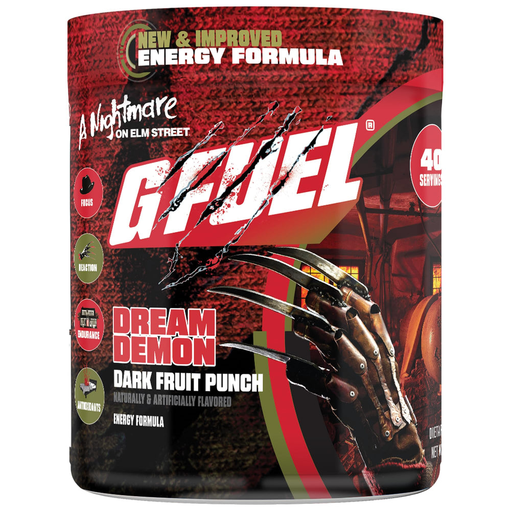 G Fuel Nightmare On Elm Street 2.0 canister front view for focused gaming energy