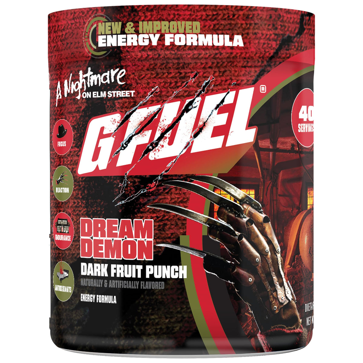 G Fuel Nightmare On Elm Street 2.0 canister front view for focused gaming energy