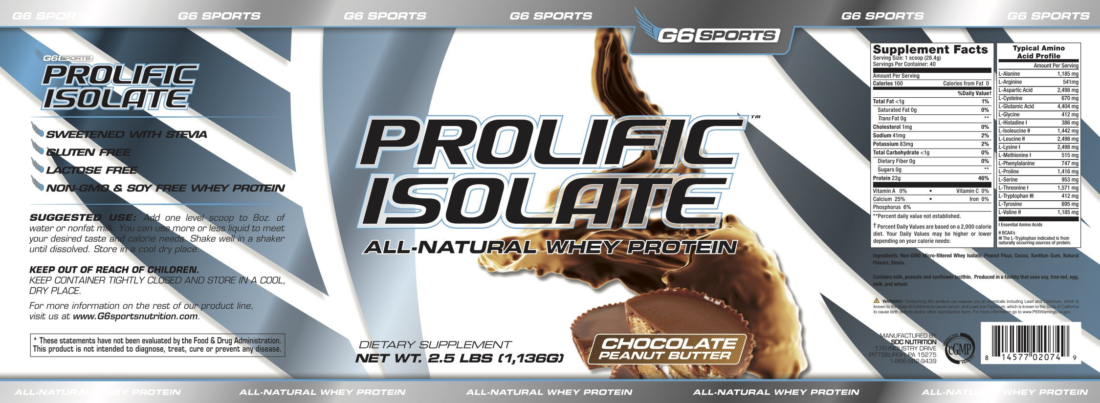 G6 Prolific Isolate nutrition facts highlighting allergen-free formula