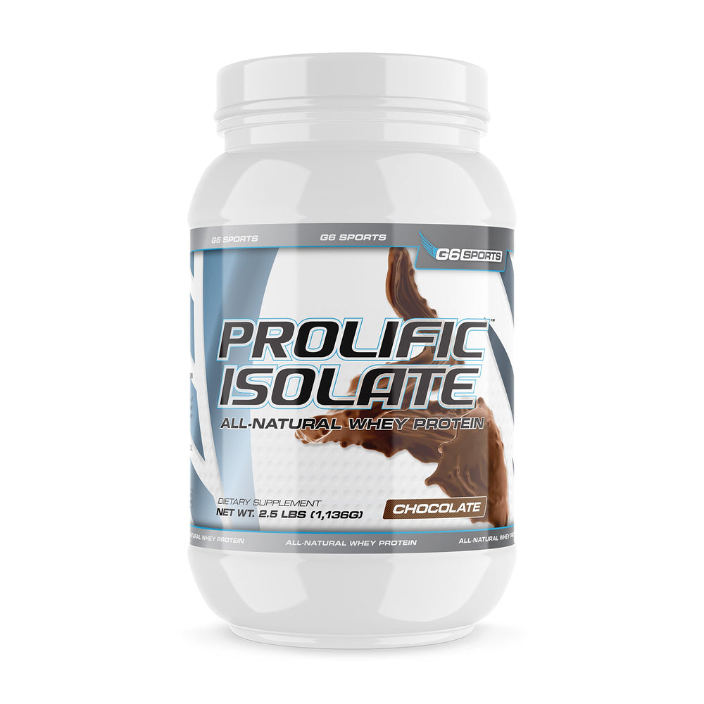 G6 Sports Prolific Isolate chocolate jar, high-protein workout fuel.