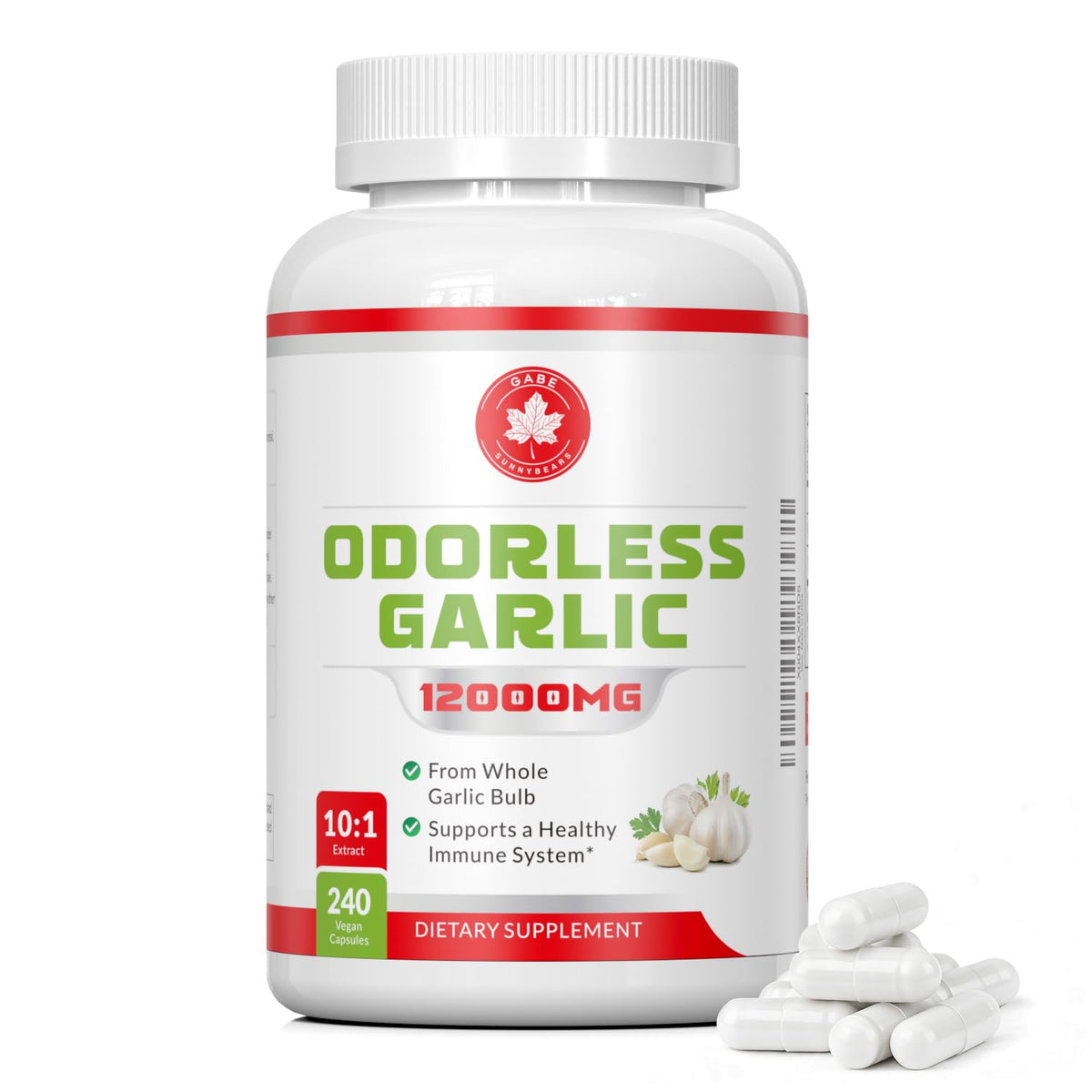 GABE SUNNYBEARS aged garlic bottle with odorless capsules for gentle daily support.