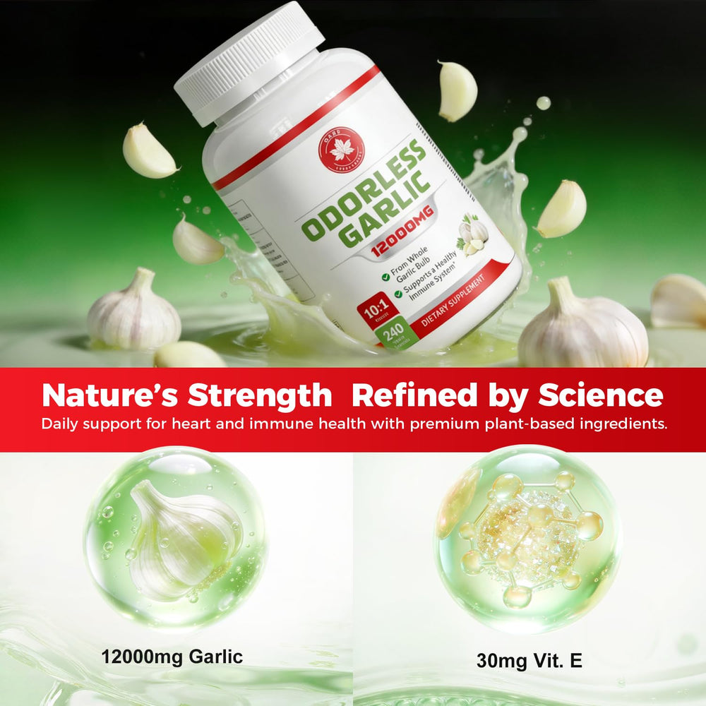 GABE SUNNYBEARS odorless capsules closeup highlights stomach-friendly garlic intake.