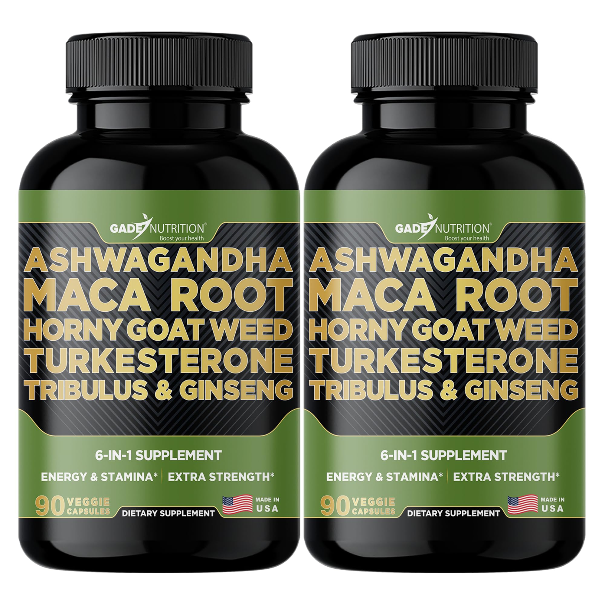 GADE NUTRITION Ashwagandha bottle shows the 6-in-1 blend for daily balance