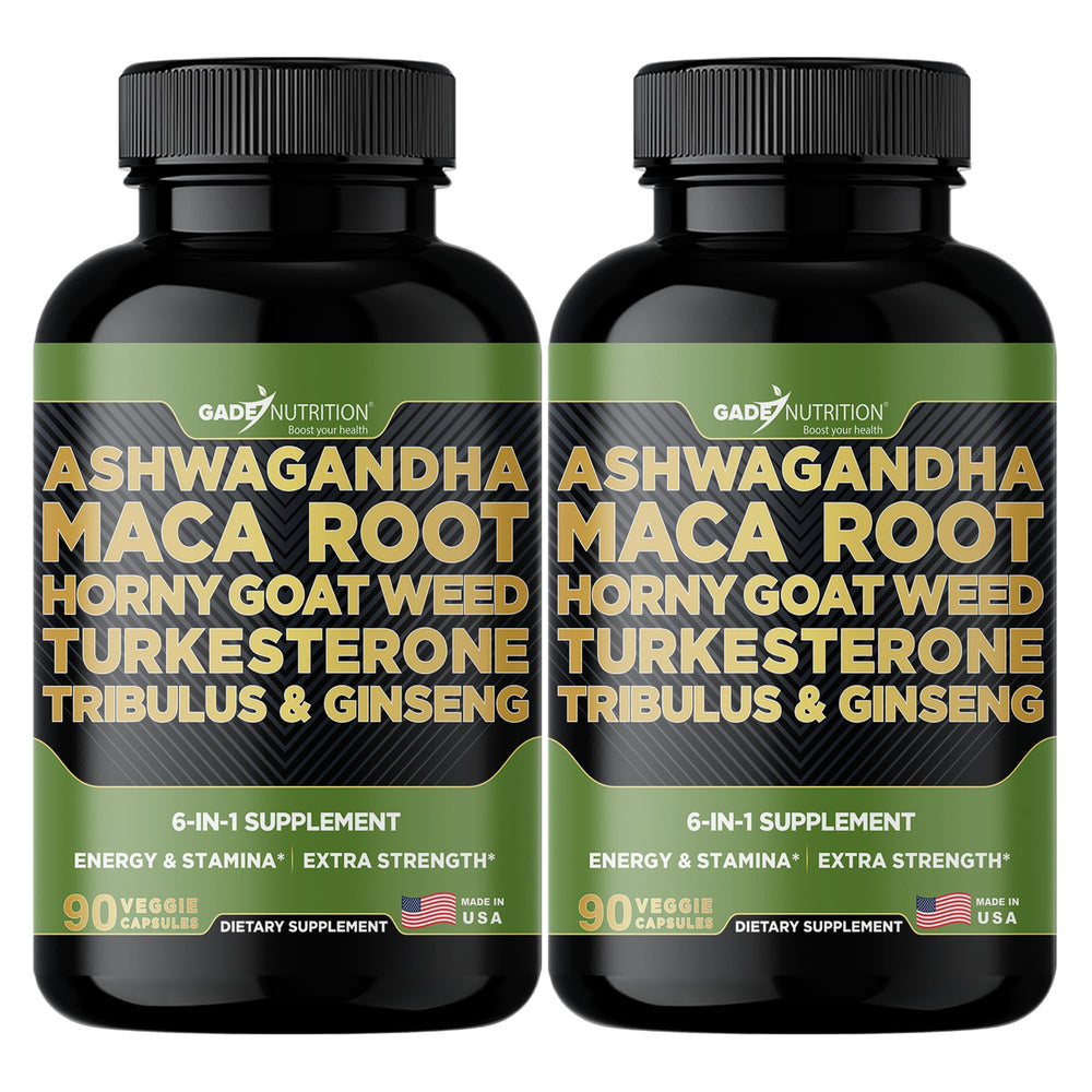 GADE NUTRITION Ashwagandha bottle shows the 6-in-1 blend for daily balance