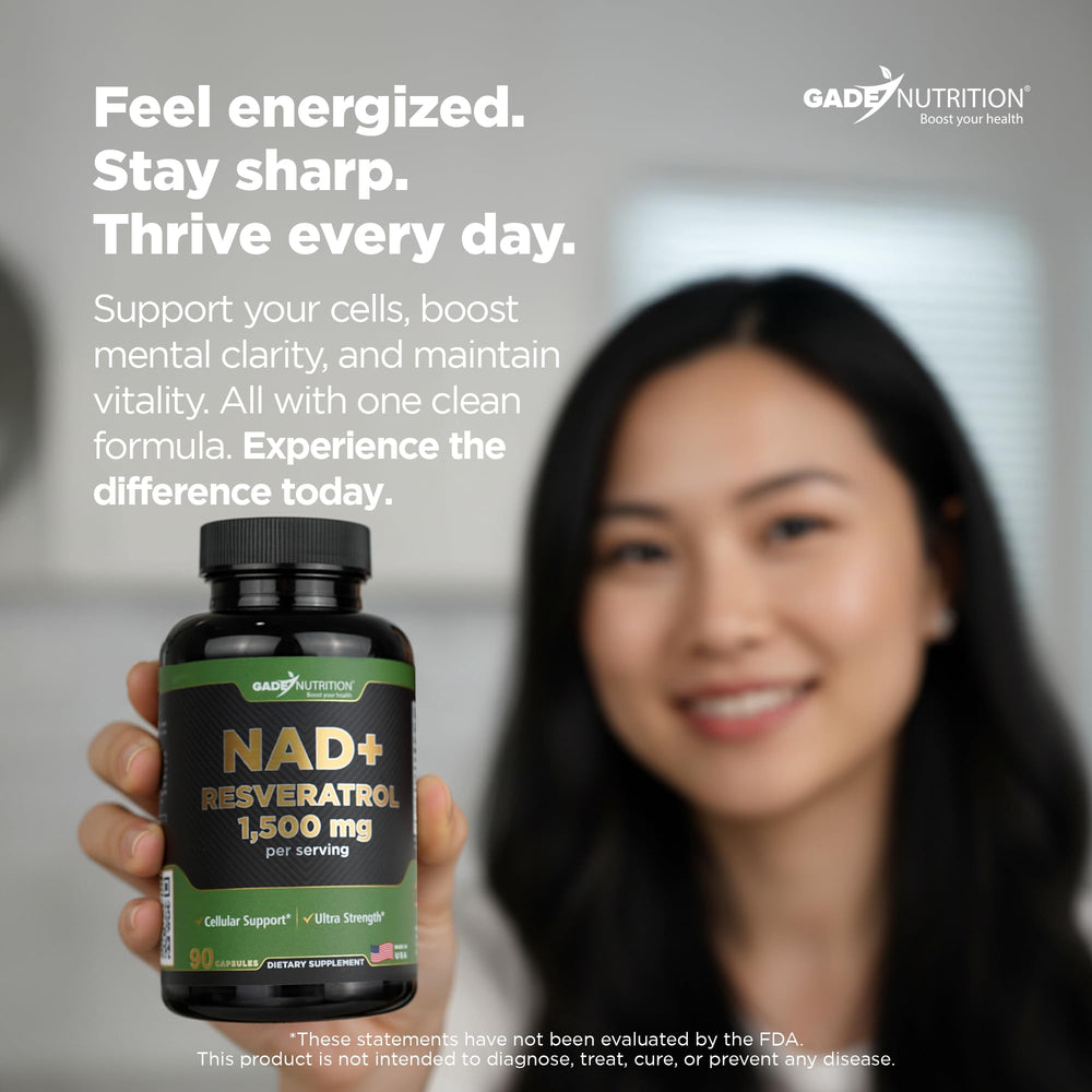 GADE Nutrition NAD+ Resveratrol bottle beside a health journal for mindful supplementation.