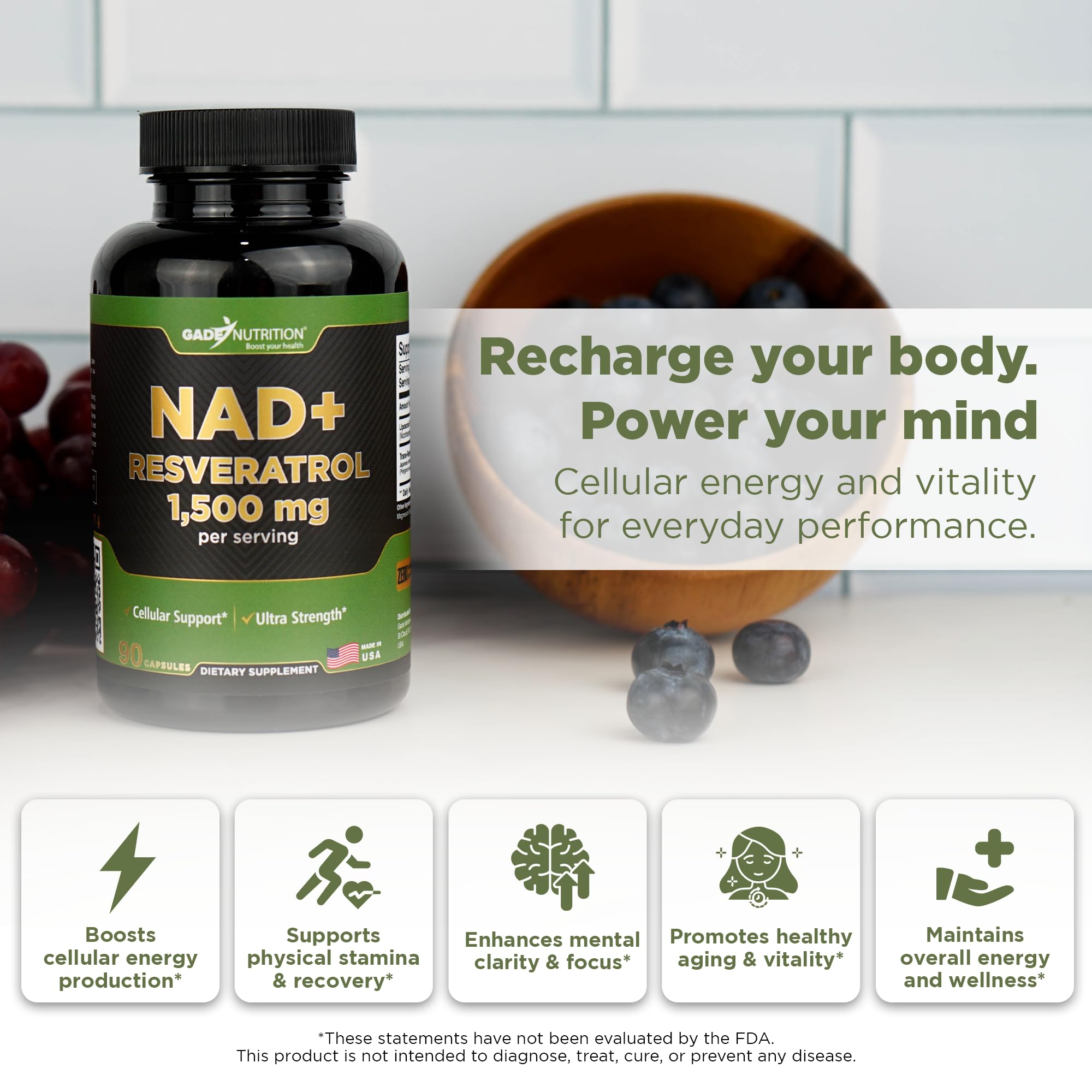GADE Nutrition NAD+ with Resveratrol bottle label highlighting liposomal delivery.