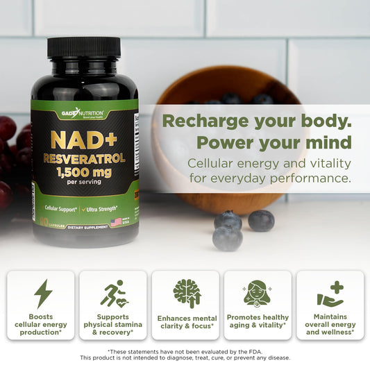 GADE Nutrition NAD+ with Resveratrol bottle label highlighting liposomal delivery.
