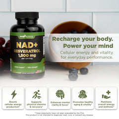 GADE Nutrition NAD+ with Resveratrol bottle label highlighting liposomal delivery.