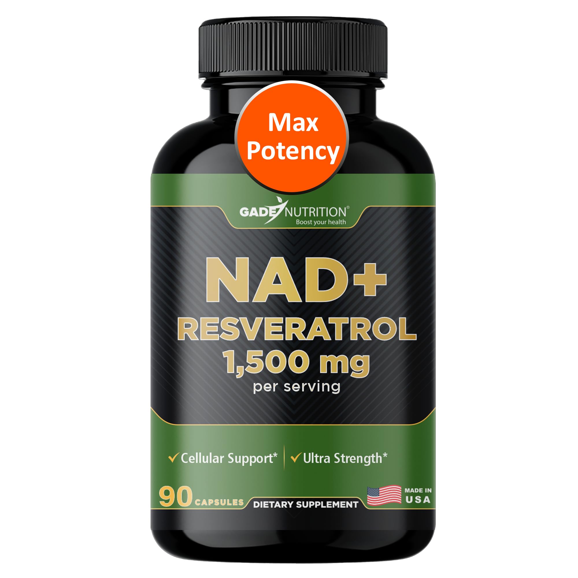 GADE Nutrition NAD+ with Resveratrol bottle pour for daily vitality.