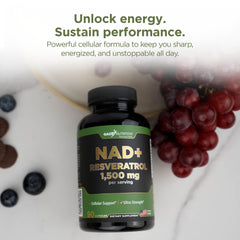 GADE Nutrition NAD+ Resveratrol ingredient panel emphasizes liposomal technology.