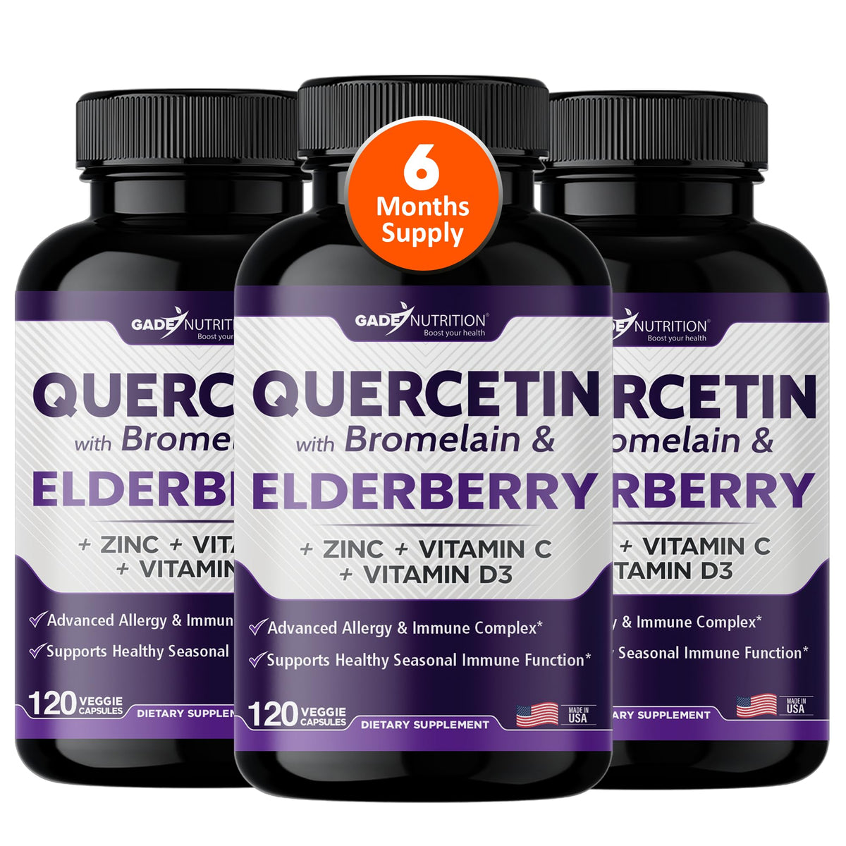 Gade Nutrition Quercetin bottle label showing daily immune support blend.