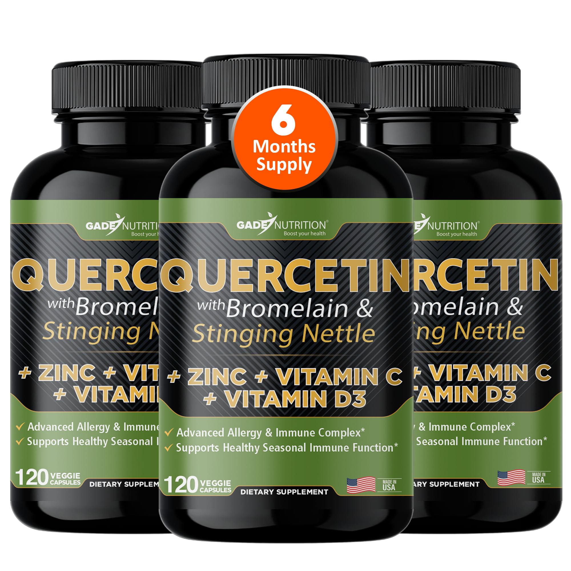 GADE NUTRITION Quercetin bottle label highlighting immune-support blend