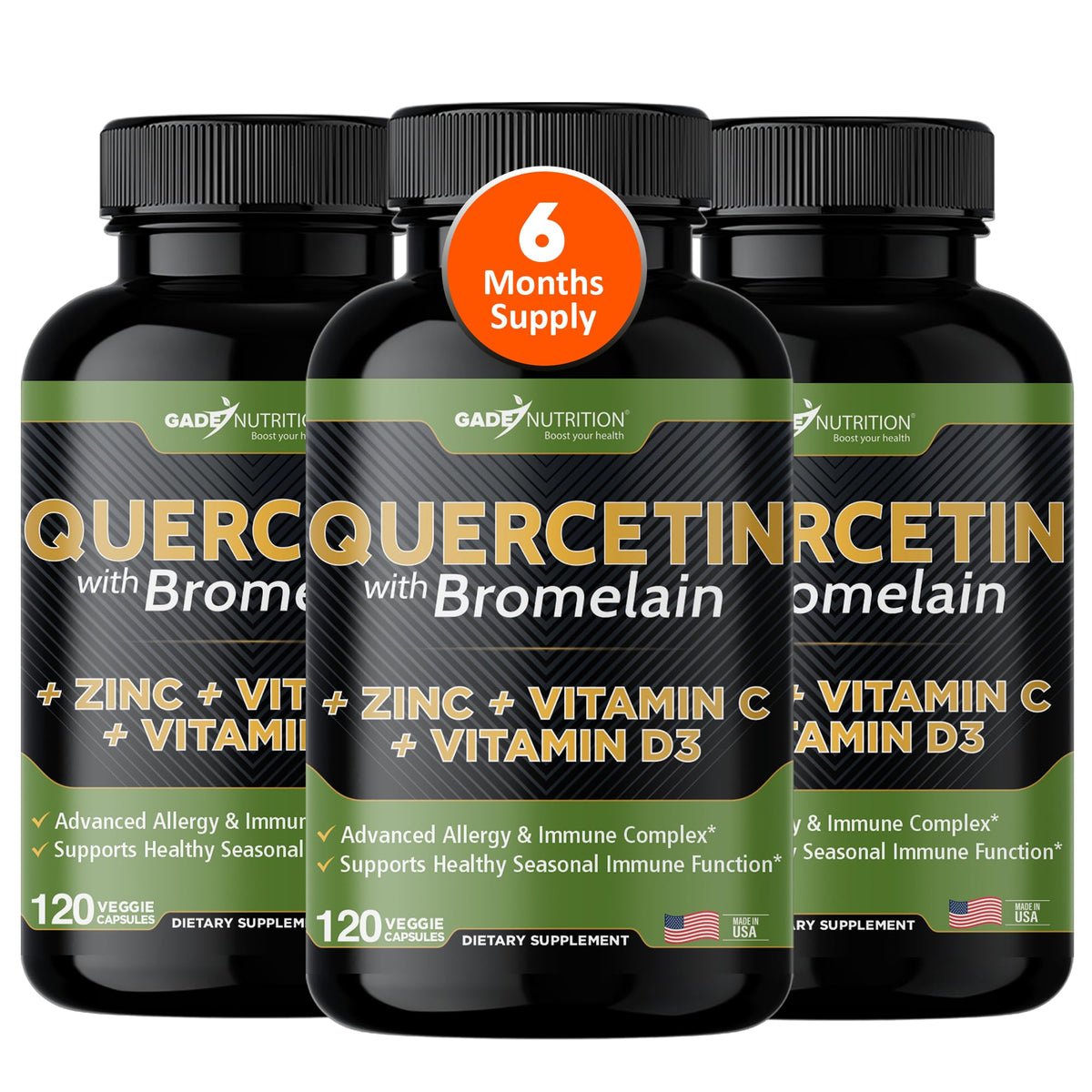 Gade Nutrition quercetin bottle showing a 500 mg formula for daily immune support.