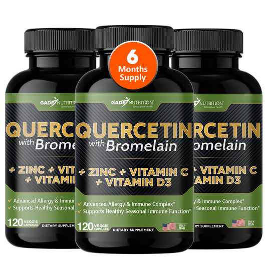 Gade Nutrition quercetin bottle showing a 500 mg formula for daily immune support.