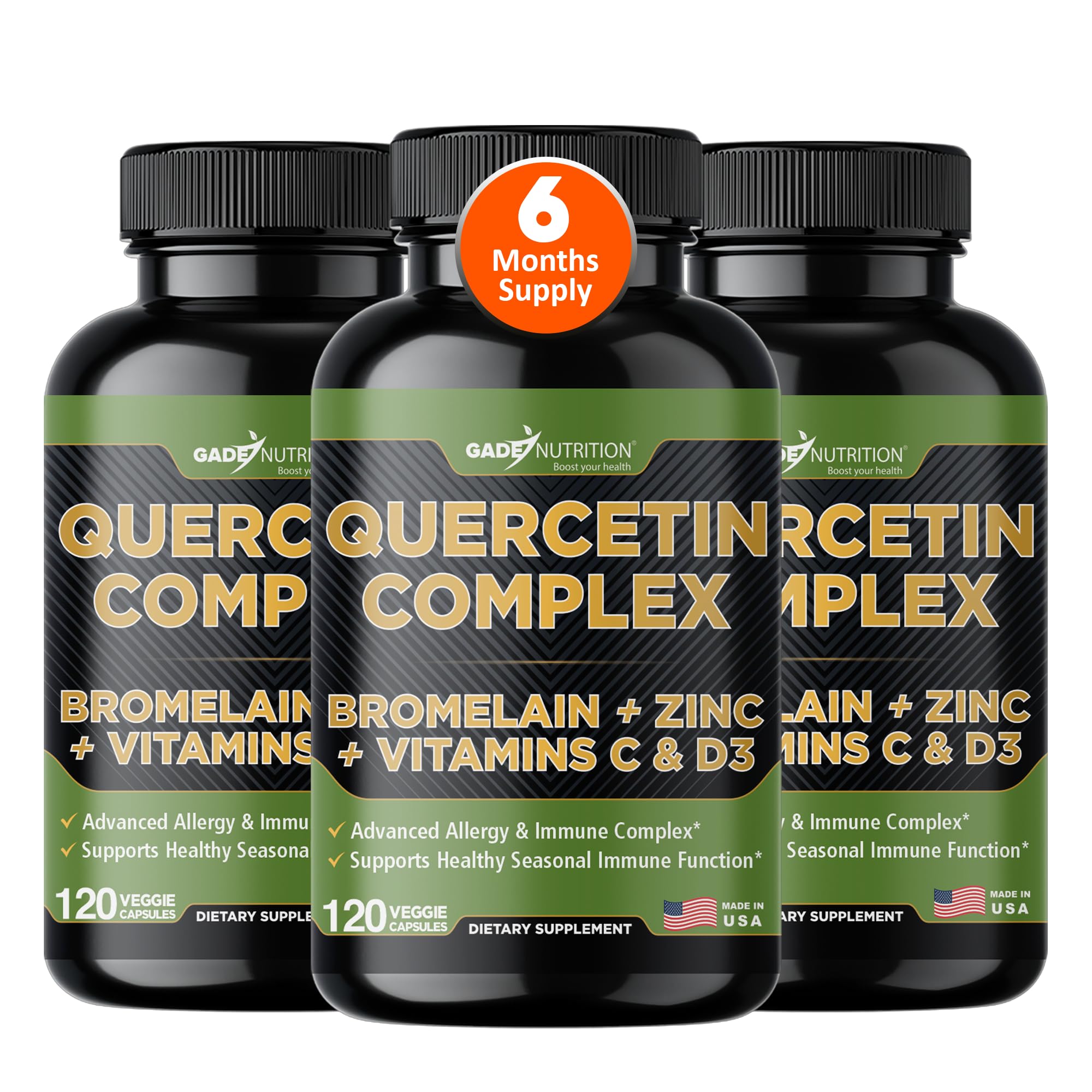 GADE NUTRITION quercetin with bromelain bottle supports daily immune balance.