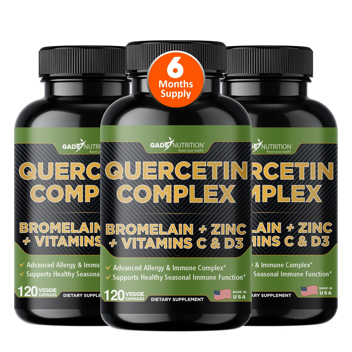 GADE NUTRITION quercetin with bromelain bottle supports daily immune balance.