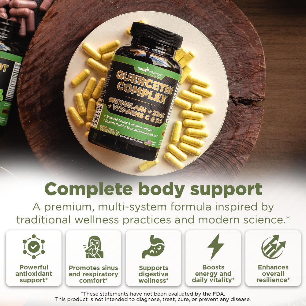 GADE NUTRITION quercetin bromelain capsules close-up for absorption benefits.