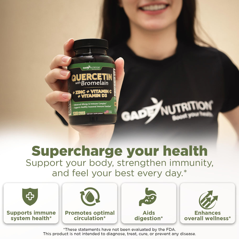 Gade Nutrition quercetin capsules close-up highlighting rapid absorption veggie capsules.