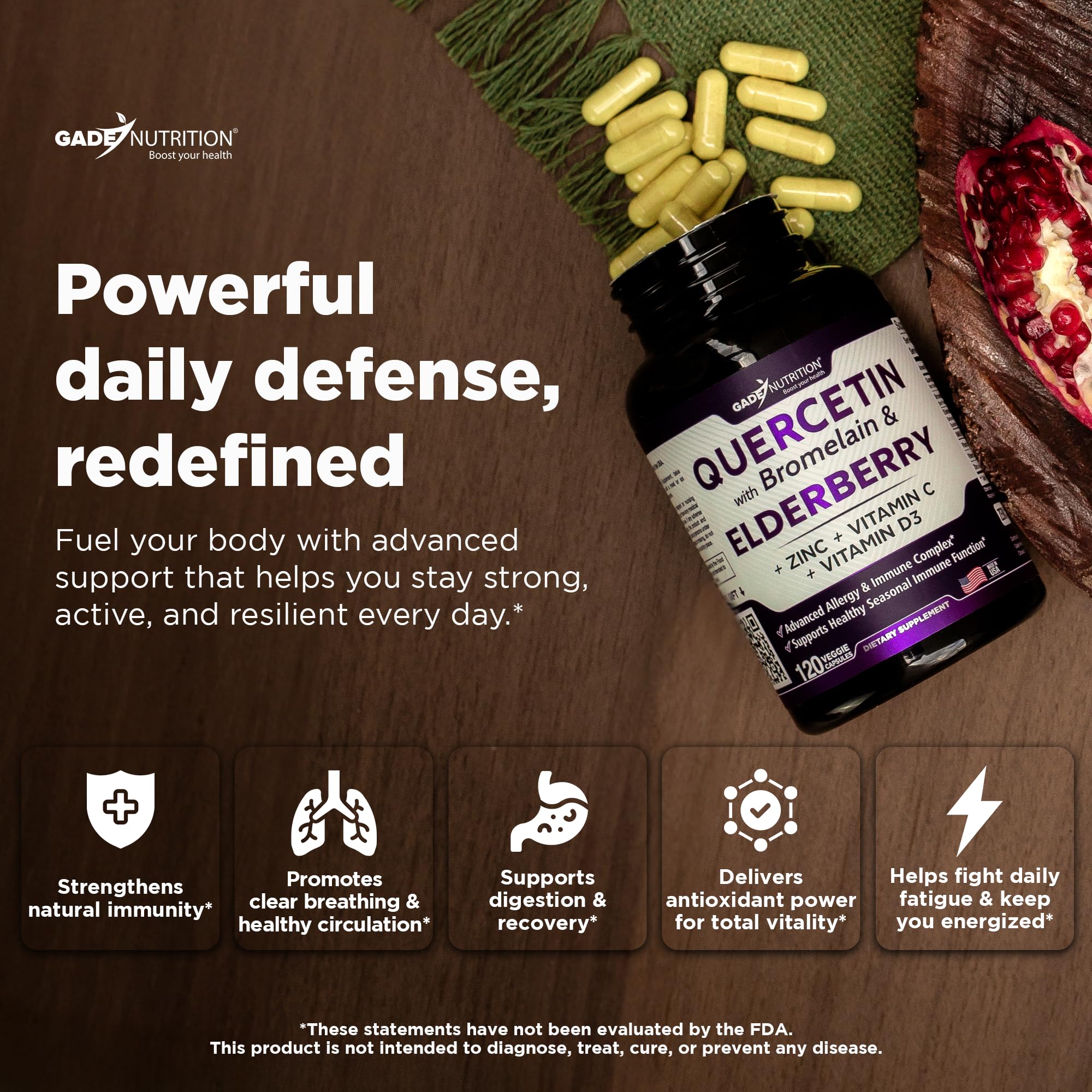 Gade Nutrition Quercetin label close-up highlighting Vitamin D3 and Zinc for immune balance