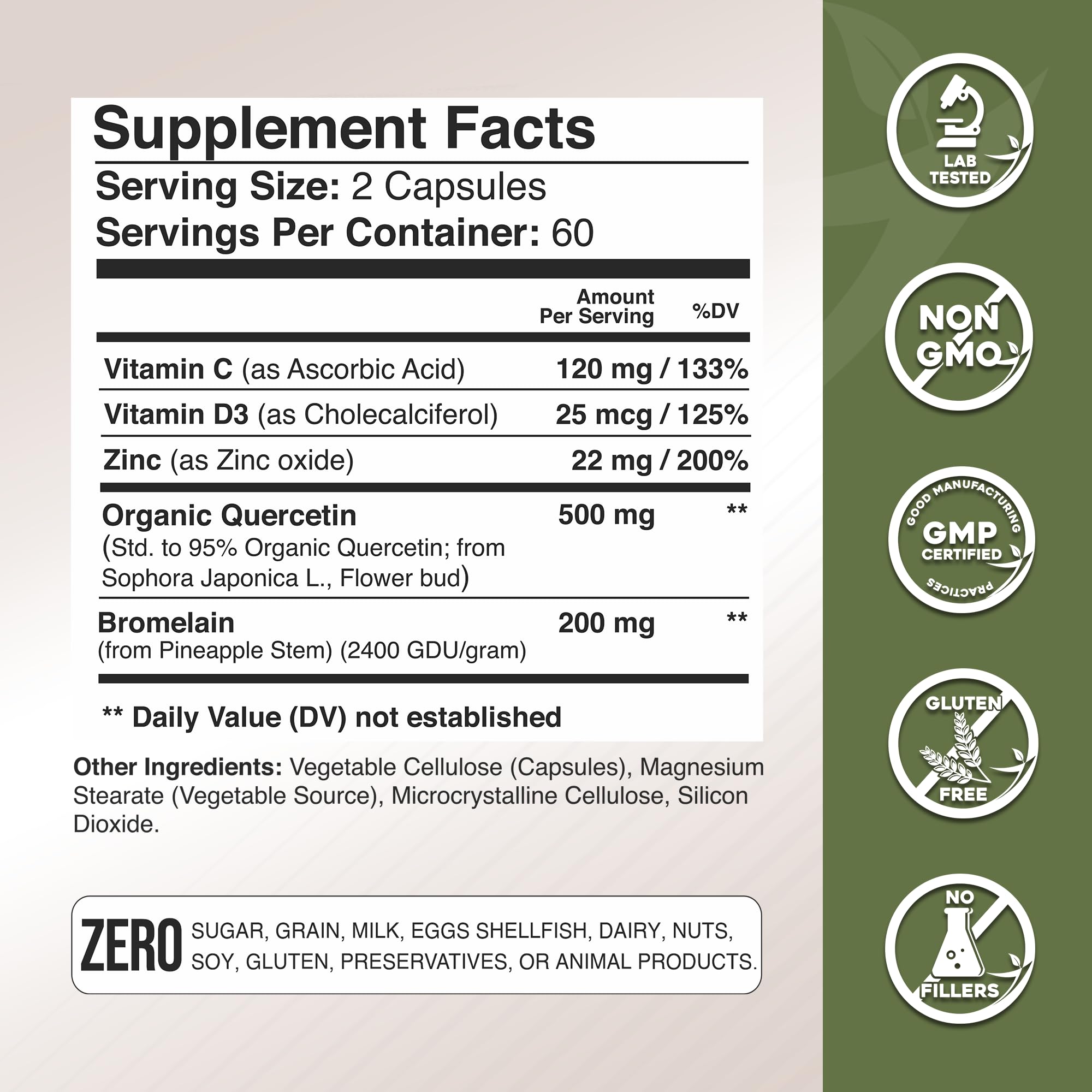 GADE NUTRITION quercetin ingredients panel with zinc vitamin D3 for immune support.