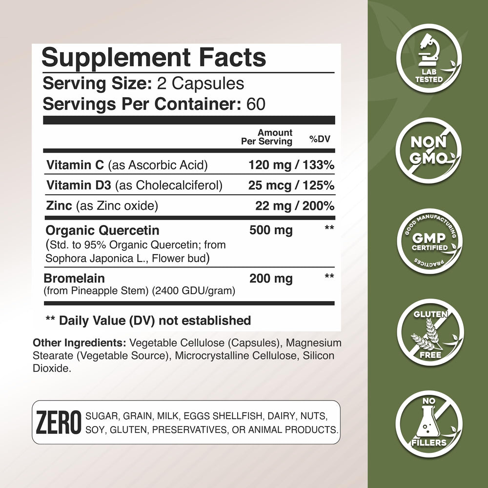 GADE NUTRITION quercetin ingredients panel with zinc vitamin D3 for immune support.