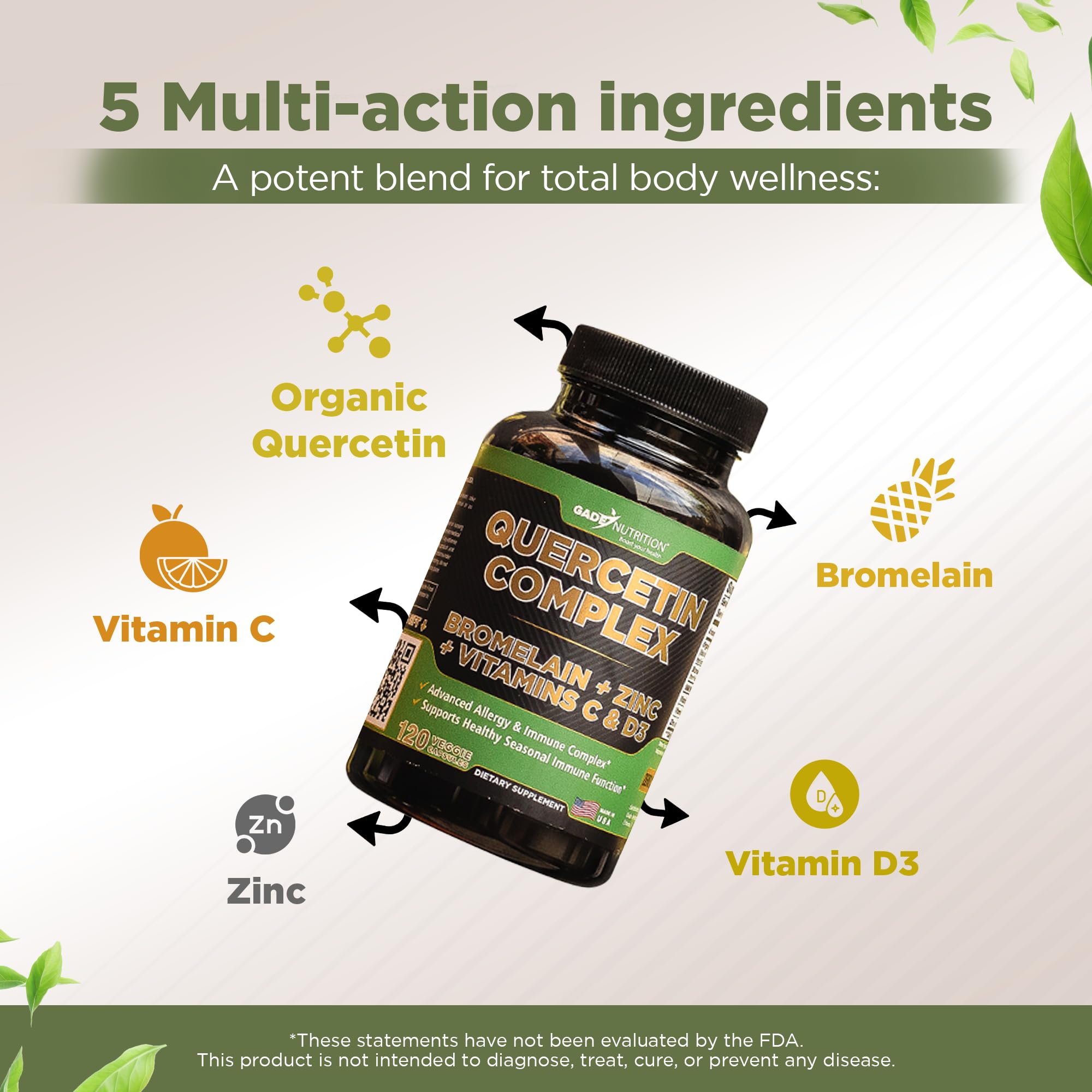 GADE NUTRITION quercetin label highlights zinc and vitamin D3.