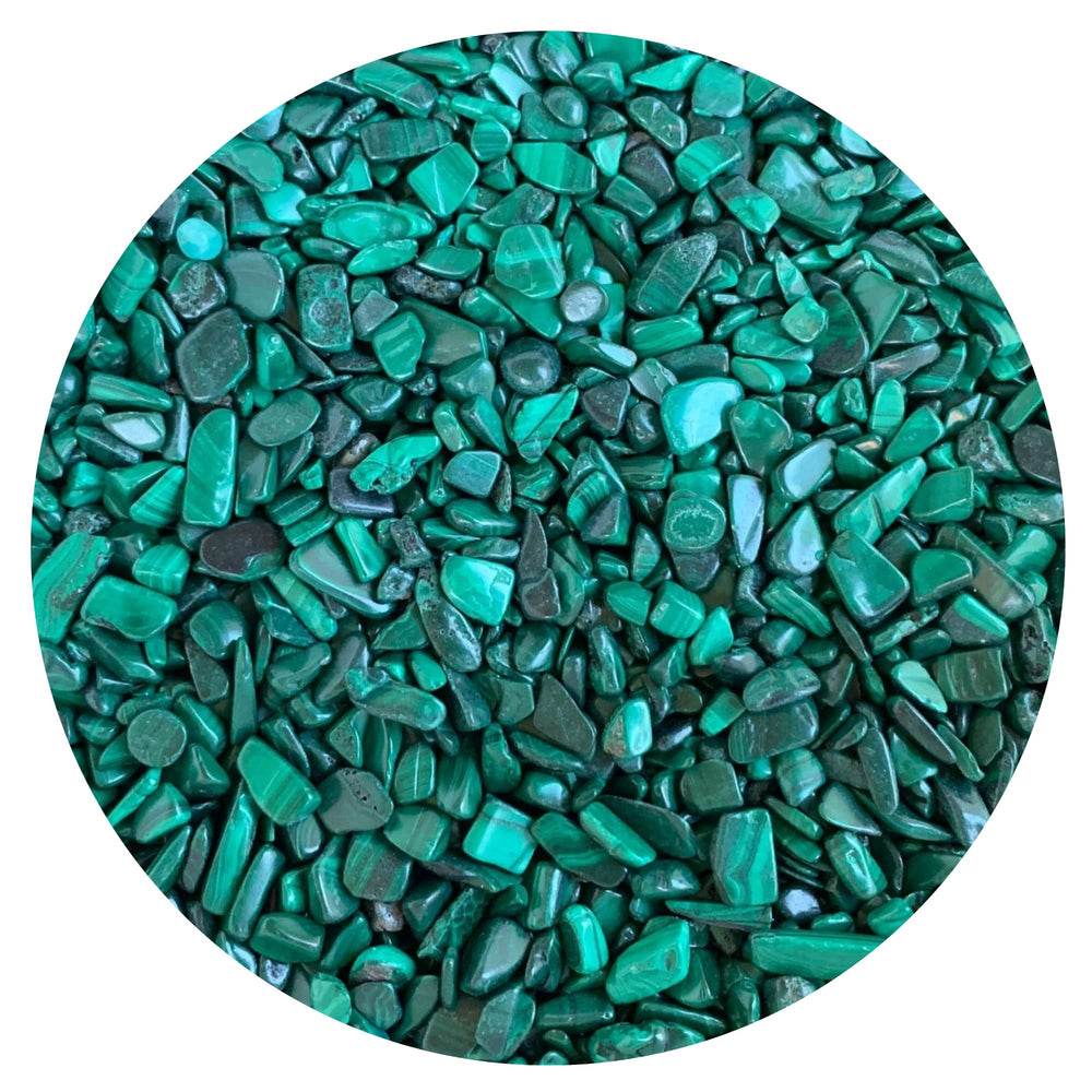 GAF TREASURES Malachite Chips with polished edges for jewelry and decor.