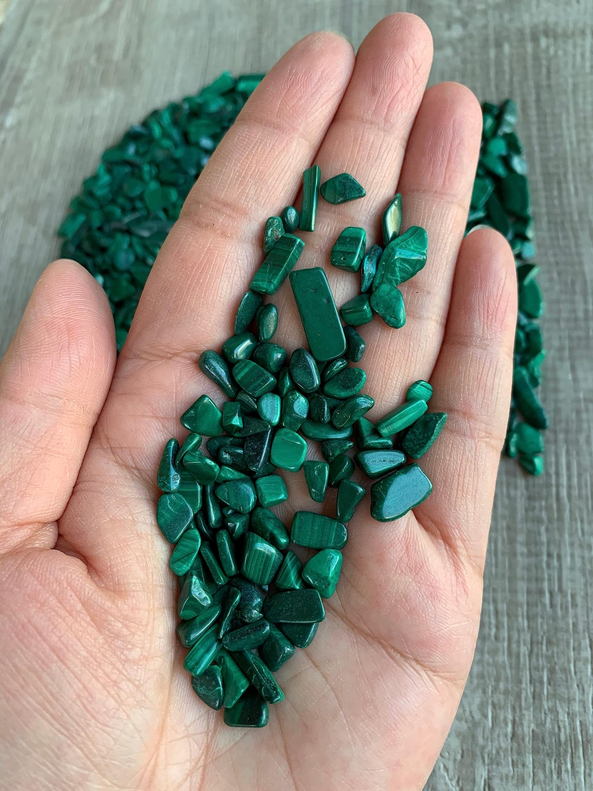 GAF TREASURES Malachite Chips semi-tumbled finish for crafts and displays.