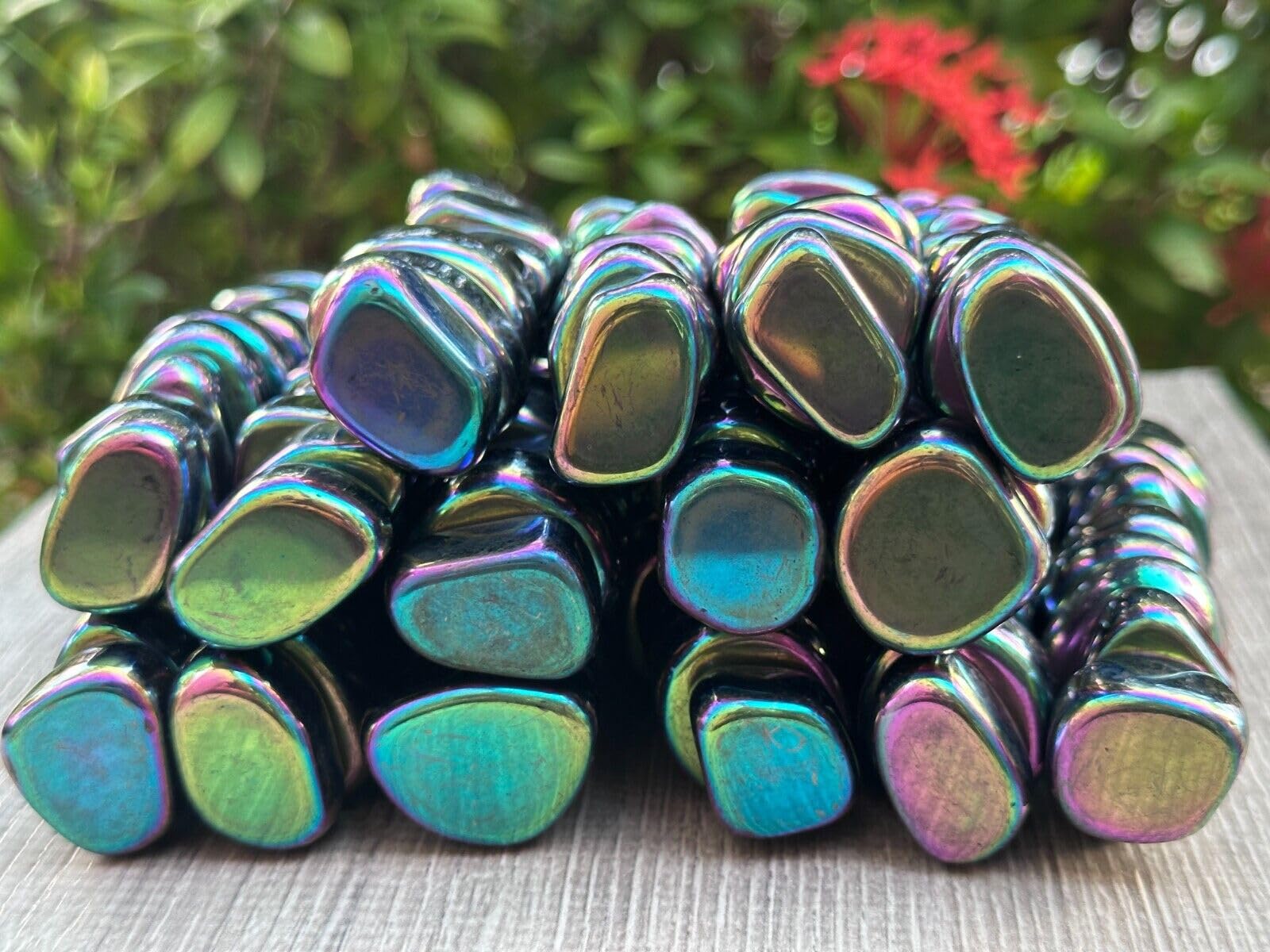 GAF Treasures Rainbow Magnetic Hematite tumbled stones arranged for crystal grids and energy work