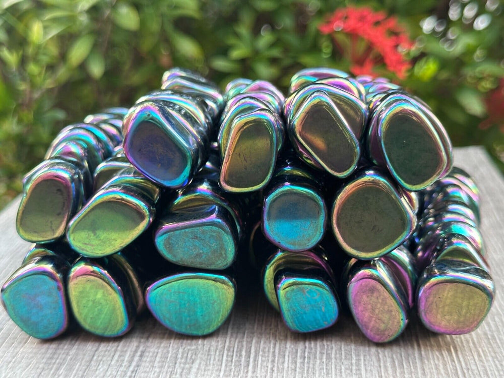 GAF Treasures Rainbow Magnetic Hematite tumbled stones arranged for crystal grids and energy work