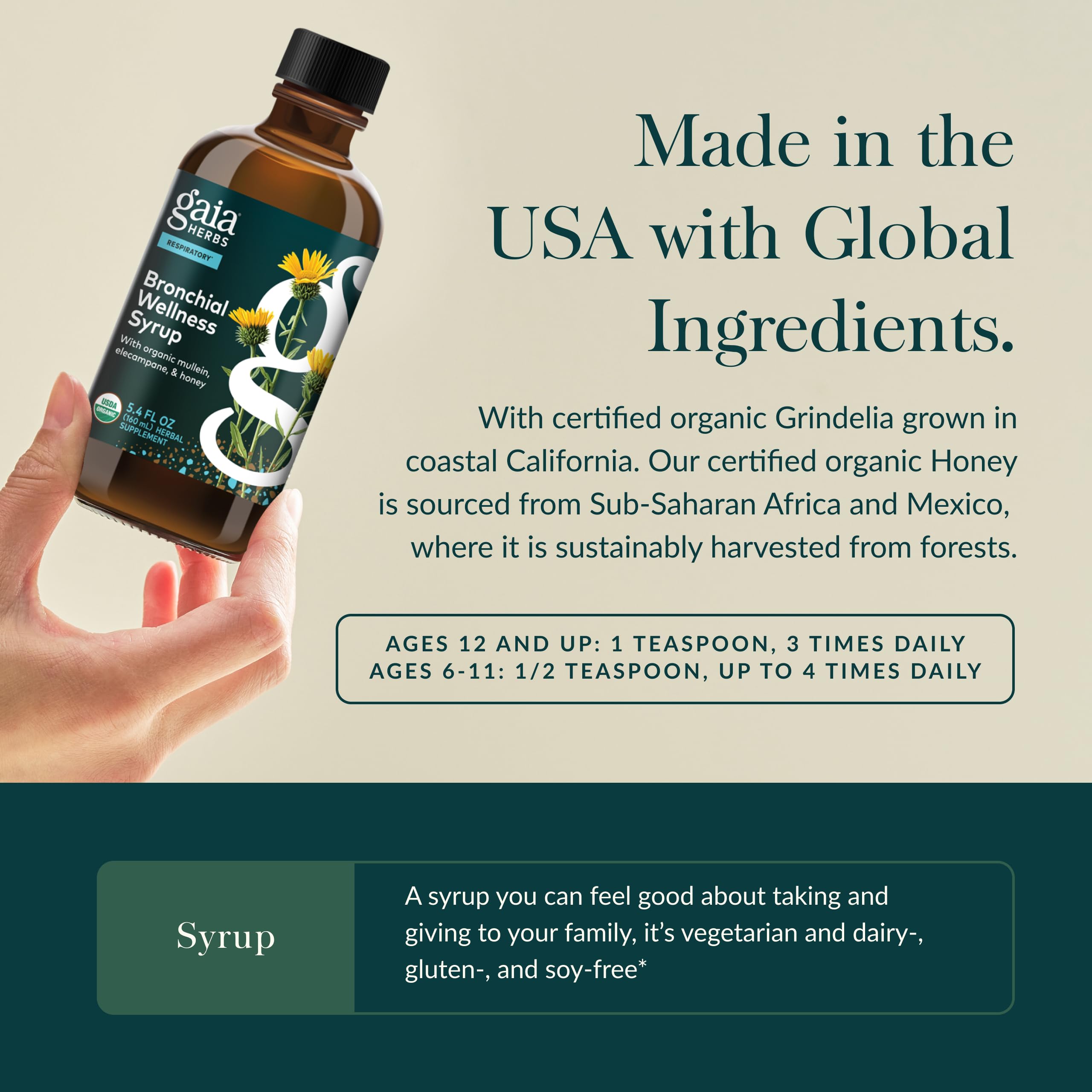 Gaia Herbs Bronchial Wellness Syrup label close-up, gluten-free and Non-GMO verified.