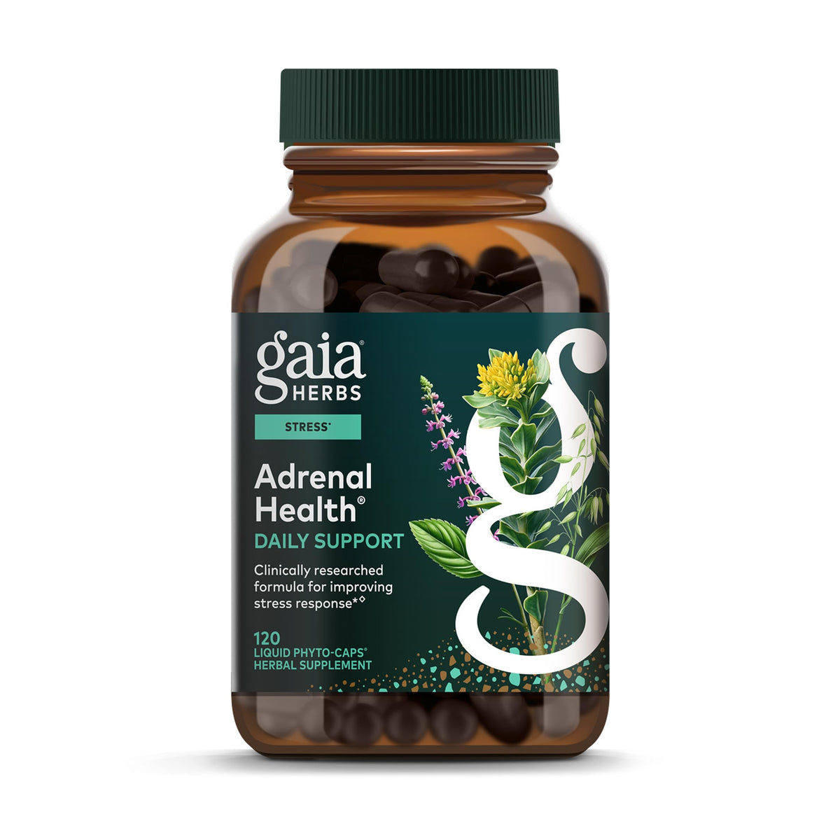 Gaia Herbs Adrenal Health bottle pour for easy daily use and energy balance