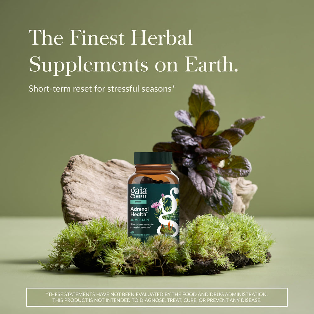 Gaia Herbs Adrenal Health Jumpstart label close-up highlighting adaptogens