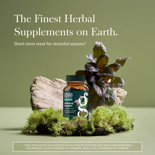 Gaia Herbs Adrenal Health Jumpstart label close-up highlighting adaptogens