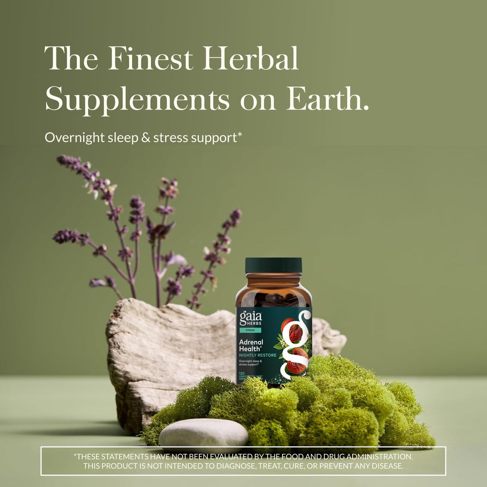 Gaia Herbs Adrenal Health Nightly Restore capsules closeup show vegan liquid phyto-caps