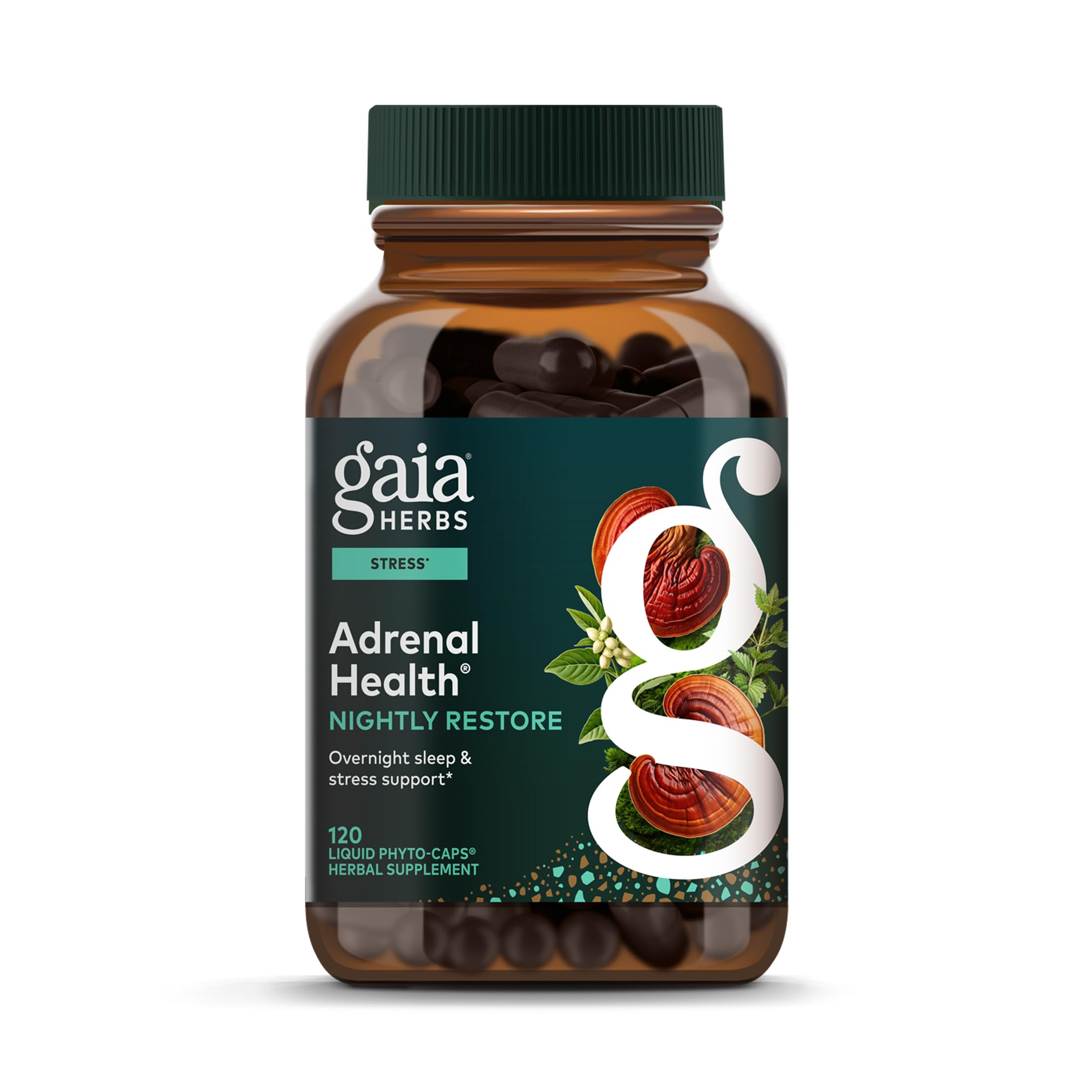 Gaia Herbs Adrenal Health Nightly Restore bottle front with calming herbal blend.