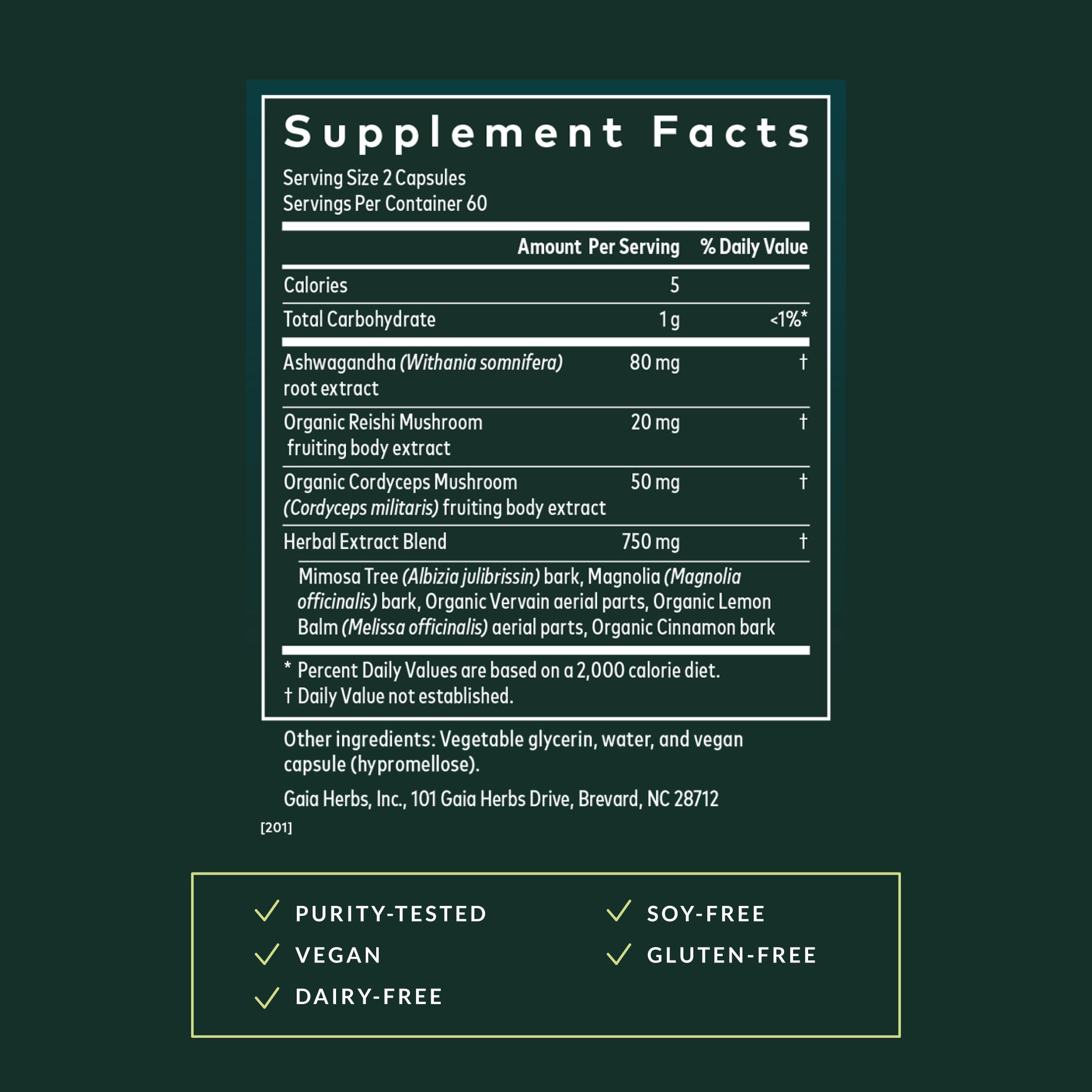 Gaia Herbs Adrenal Health Nightly Restore ingredients blend featuring ashwagandha and lemon balm.