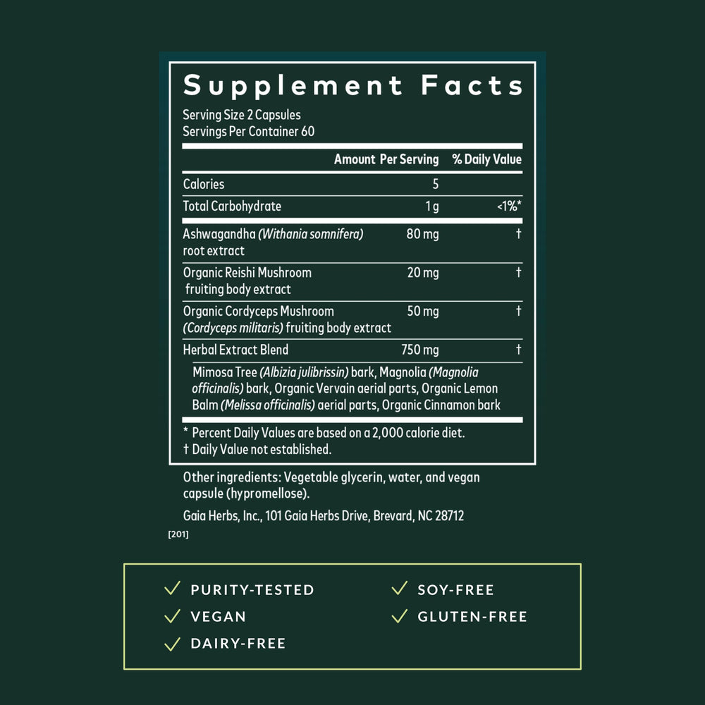 Gaia Herbs Adrenal Health Nightly Restore ingredients blend featuring ashwagandha and lemon balm.