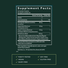 Gaia Herbs Adrenal Health Nightly Restore ingredients blend featuring ashwagandha and lemon balm.