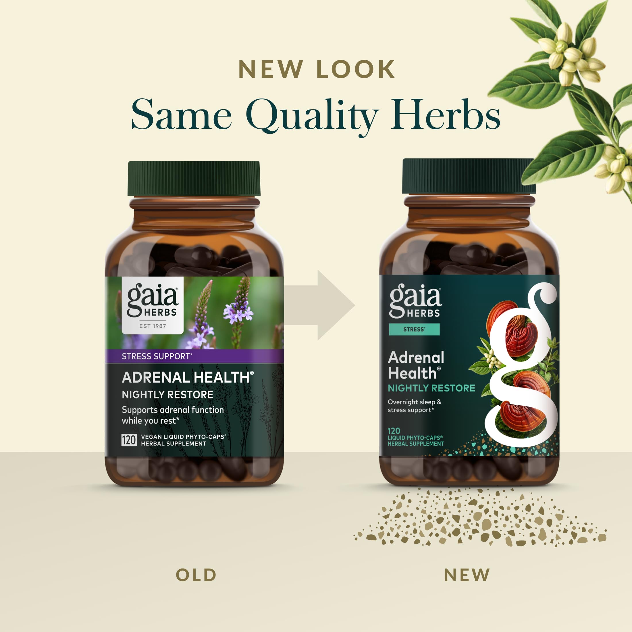 Gaia Herbs Adrenal Health Nightly Restore use at night suggests calm routines.