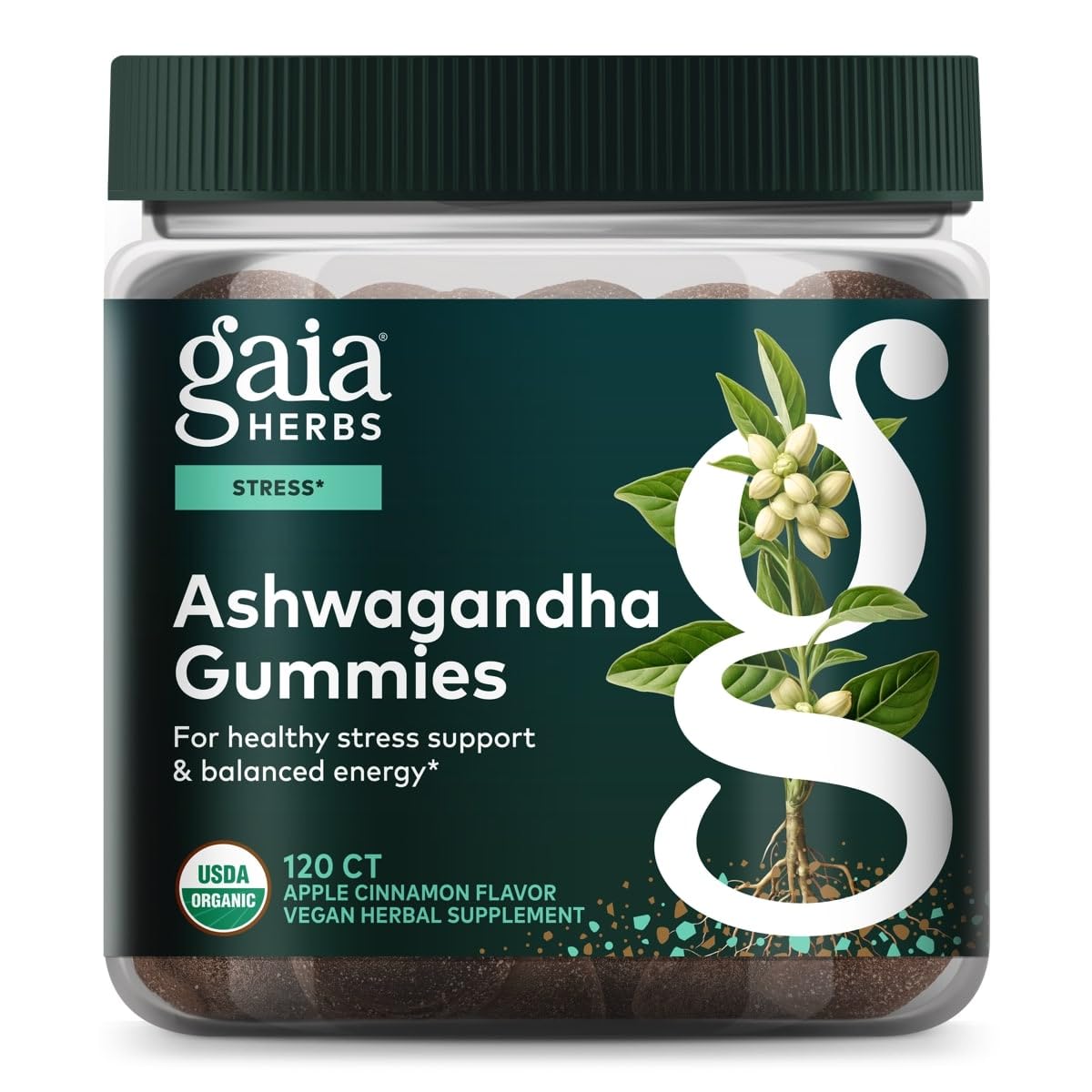Gaia Herbs Organic Ashwagandha Gummies bottle front for daily stress support.