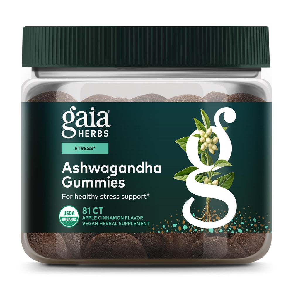 Gaia Herbs Ashwagandha Gummies bottle front for daily stress support