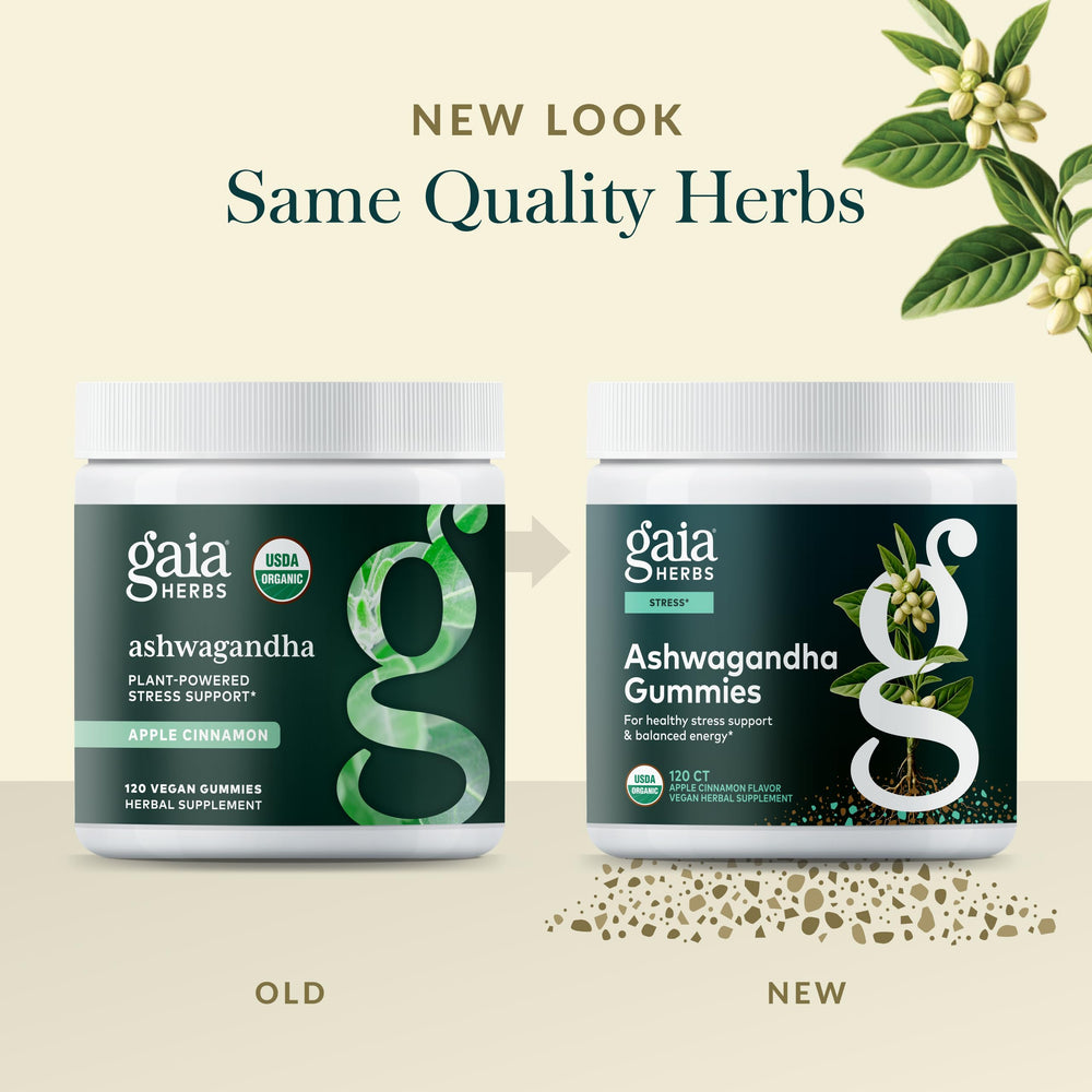 Gaia Herbs gummies real-fruit flavors with blueberries and apples.