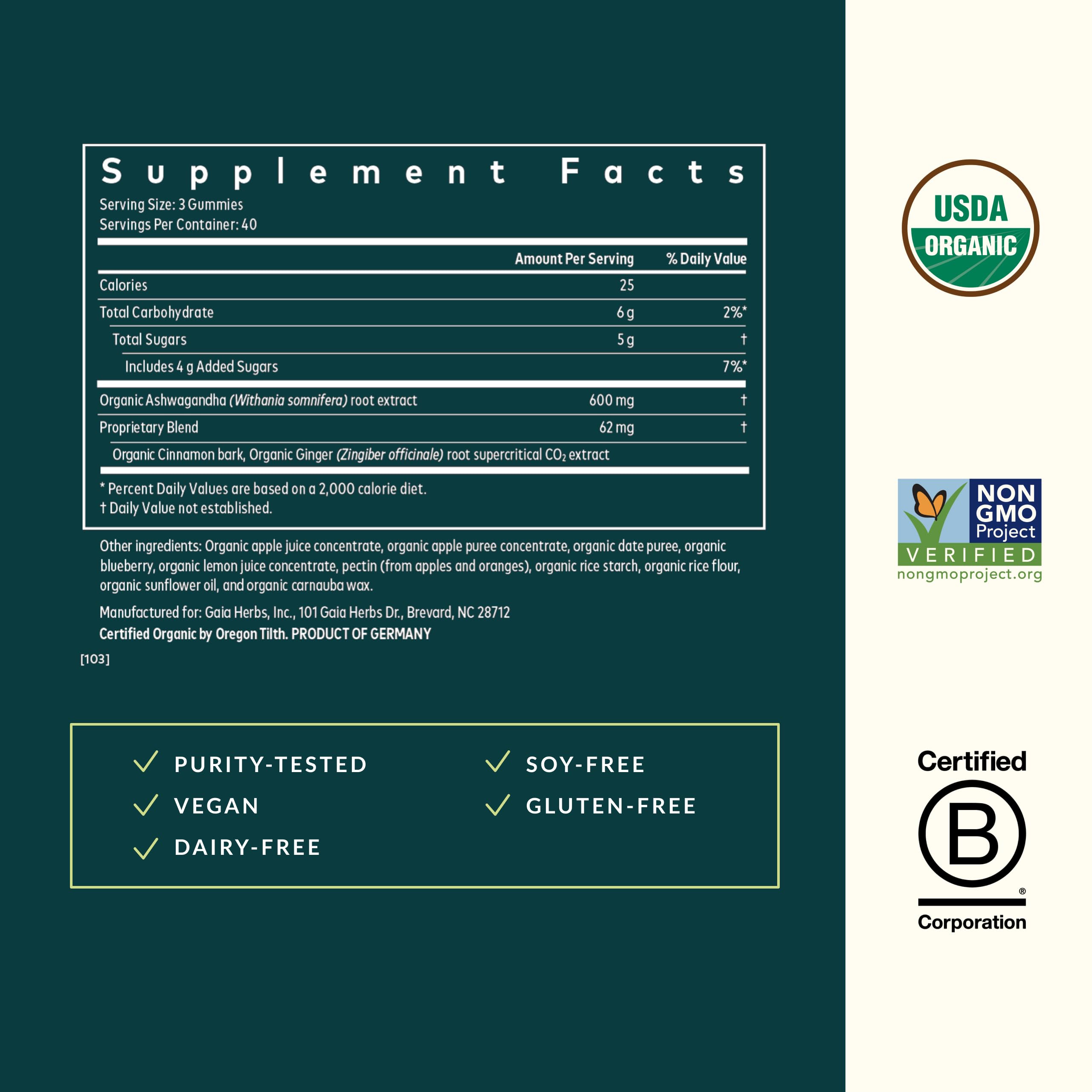 Gaia Herbs gummies ingredient panel highlights gluten-free vegan formula.