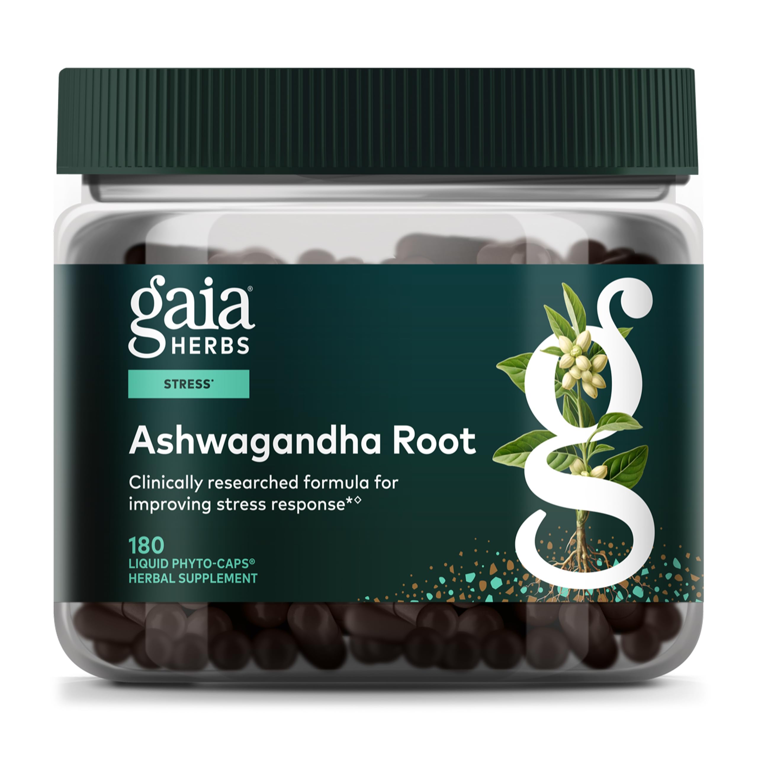 Gaia Herbs Ashwagandha Root bottle close-up showing product label and stress support potential