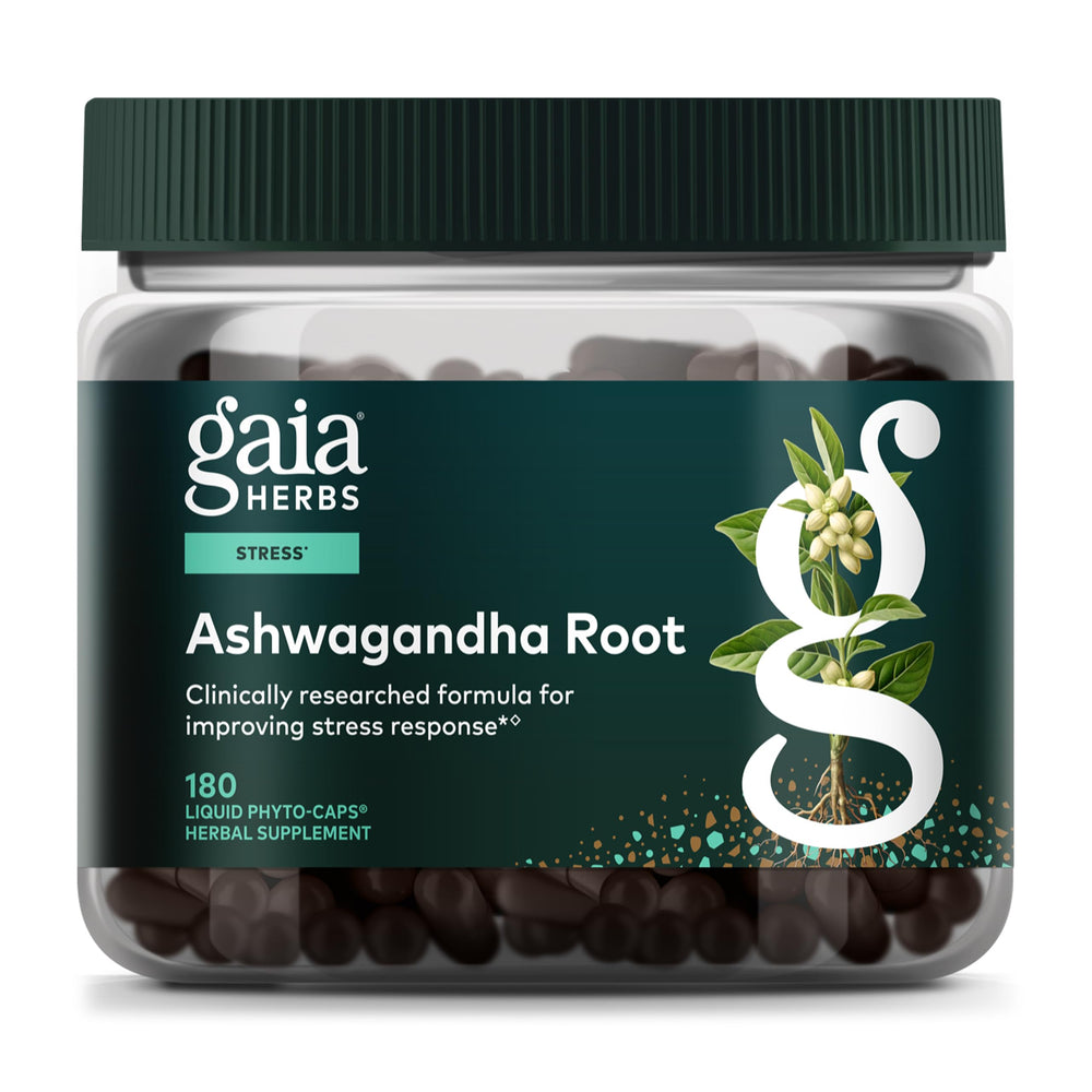 Gaia Herbs Ashwagandha Root bottle close-up showing product label and stress support potential