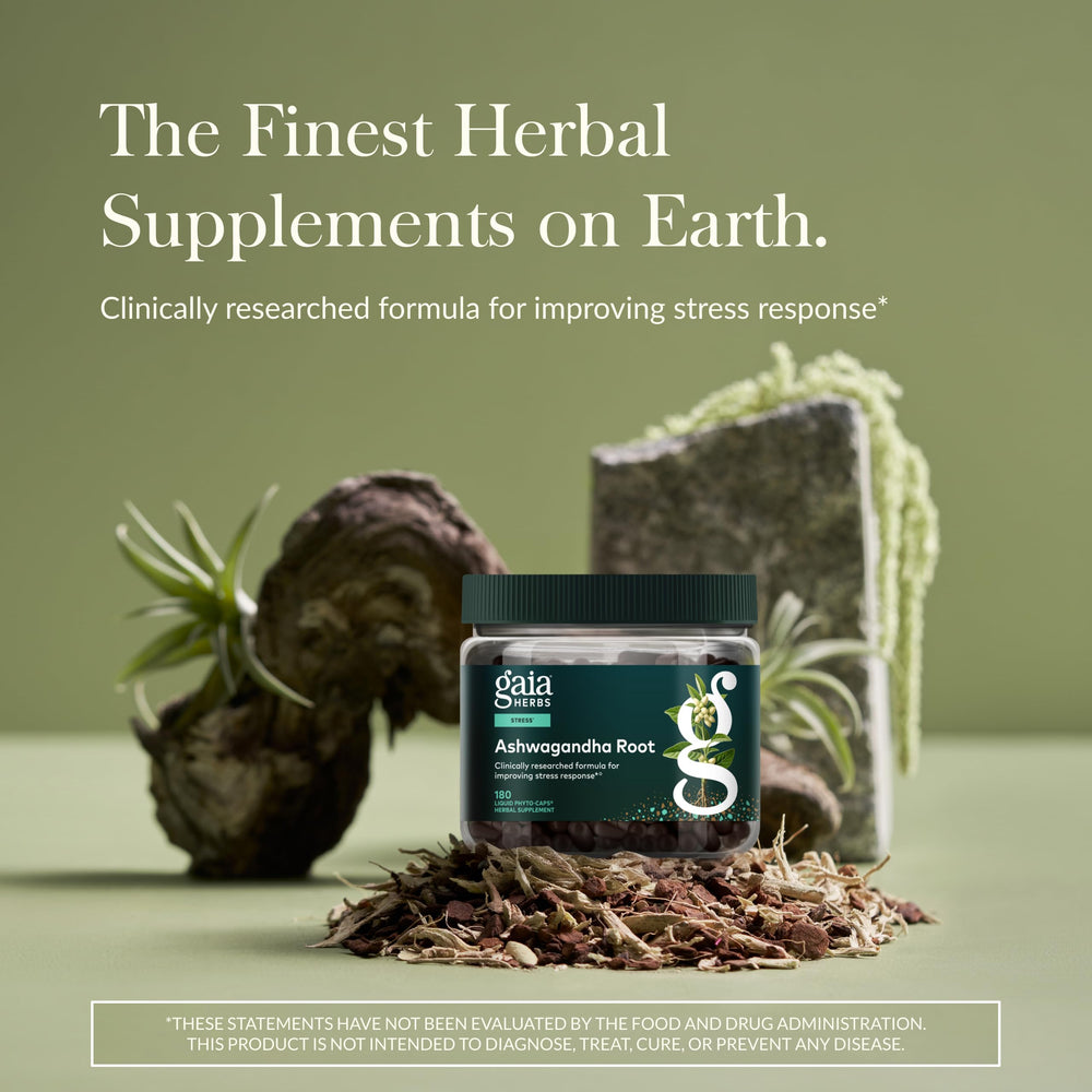 Gaia Herbs Ashwagandha Root label close-up highlighting organic root and sourcing