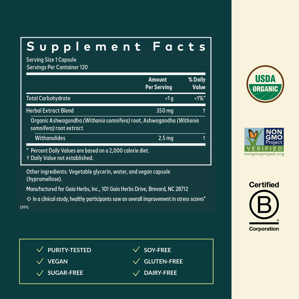 Gaia Herbs Ashwagandha root label detail highlighting organic sourcing.