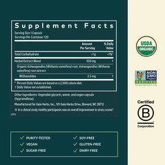 Gaia Herbs Ashwagandha root label detail highlighting organic sourcing.