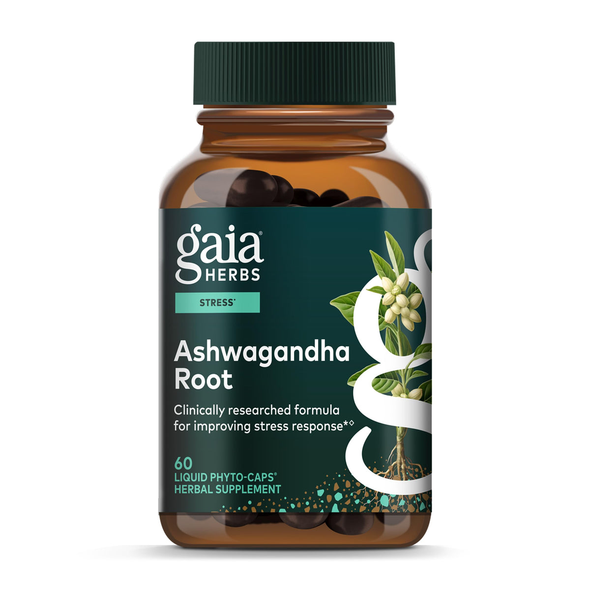 Gaia Herbs Ashwagandha Root stress-relief bottle for calm focus and balanced energy.